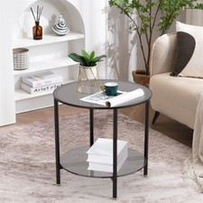 Modern Round Glass Top Coffee Table Side Table Open Storage Shelf fr Living Room