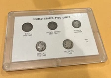 5 Coin Set US Type Dimes In Capital Holder Capped Bust, Seated CC, Barber ETC