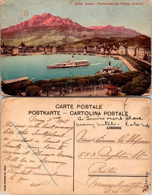 Luzern Promenade and Pilatus Postcard Switzerland Vintage Unposted Handwritten