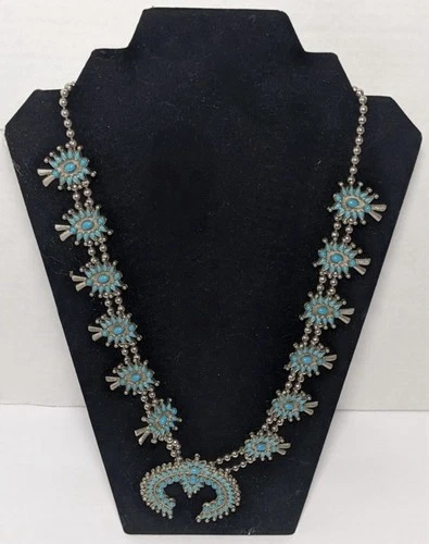 Mid Century Squash Blossom Necklace W/Faux Turquoise Magnetized Silvertone 28”