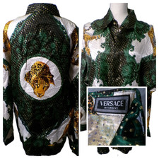 Camicia vintage VERSACE intensiva seta L barocco leopardato oro verde metallizzato nero anni 90