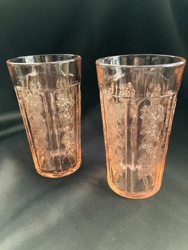 2 Federal Sharon Cabbage Rose Pink Thick 5 1/4" Tea Tumblers Rare Not Perfect 😞
