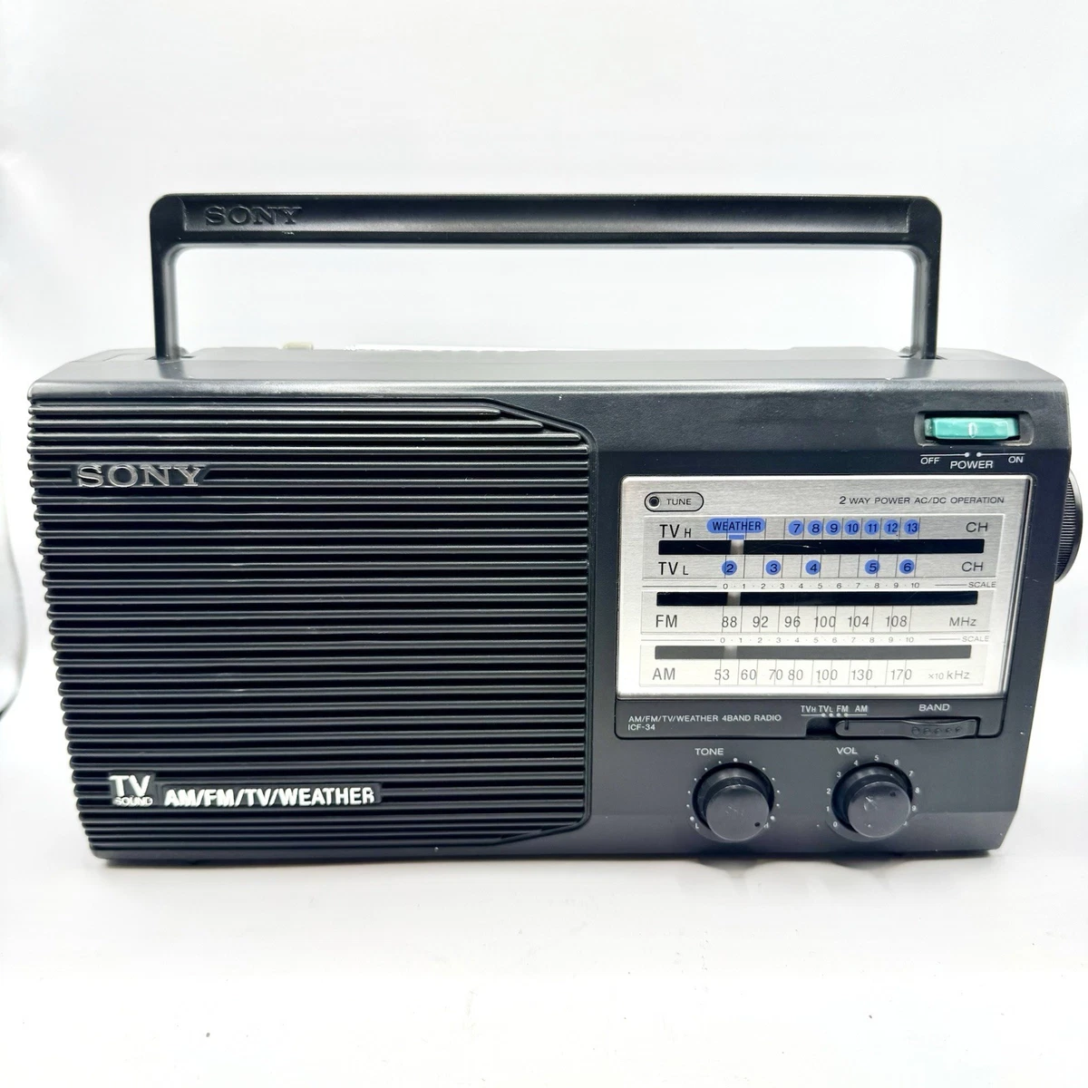 SONY／3BAND・TV／FM／AM ICF-R500V。DC:3V。単4×2 Sony ICF-34 AM FM TV Weather Band Portable Radio Review - YouTube
