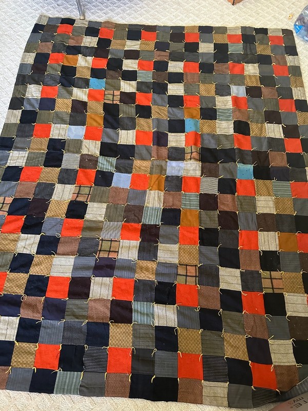 Vintage Wool Patchwork Quilt Hand Tied Cotton Backing 86 x 68 Colorful Estate
