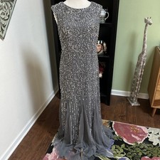 Adrianna Papell Women's Stunning Beaded Gown Size 14 Silver Grey Formal Dress