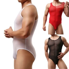 Men's Athletic Leotard Bodysuit with Sheer Design and Supportive Bulge Pouch