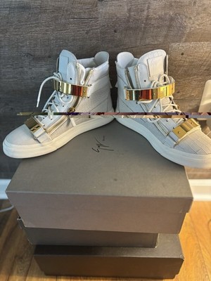 Giuseppe Zanotti White Crocodile High Top Sneakers Gold Accent Adjustable Strap