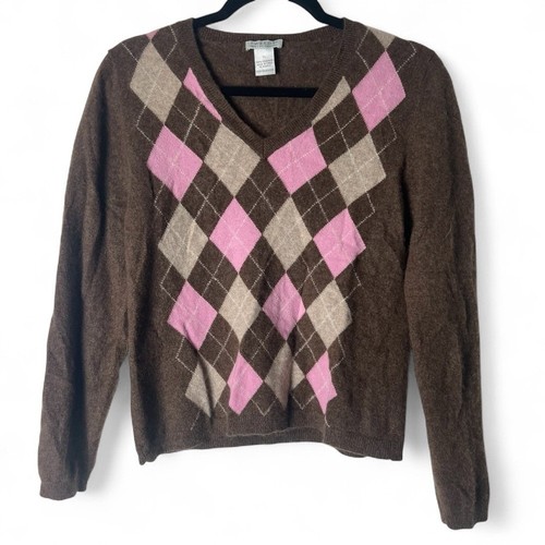 Tweed Juniors Vintage 100% Kaszmir Argyle Sweter Dekolt w serek lata 90. brązowy różowy rozmiar XL - Zdjęcie 1 z 5