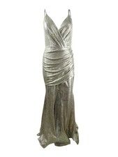 Betsy & Adam Women's Slinky Metallic Slit Gown (8, Light Gold)