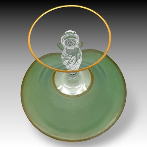 Bohemian grün Kunst Glas Kompott mit vergoldetem Rand, gedrehter Stiel, MCM Standfuß 7,25" - Bild 6 von 7