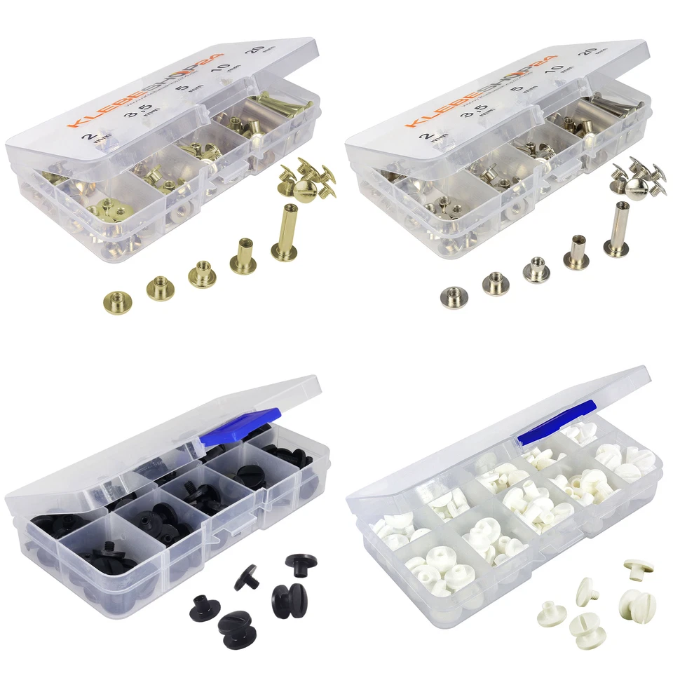 KLEBESHOP24 Buchschrauben Set | Sortimentsbox | Farbe Gold, Silber, Schwarz oder Weiß