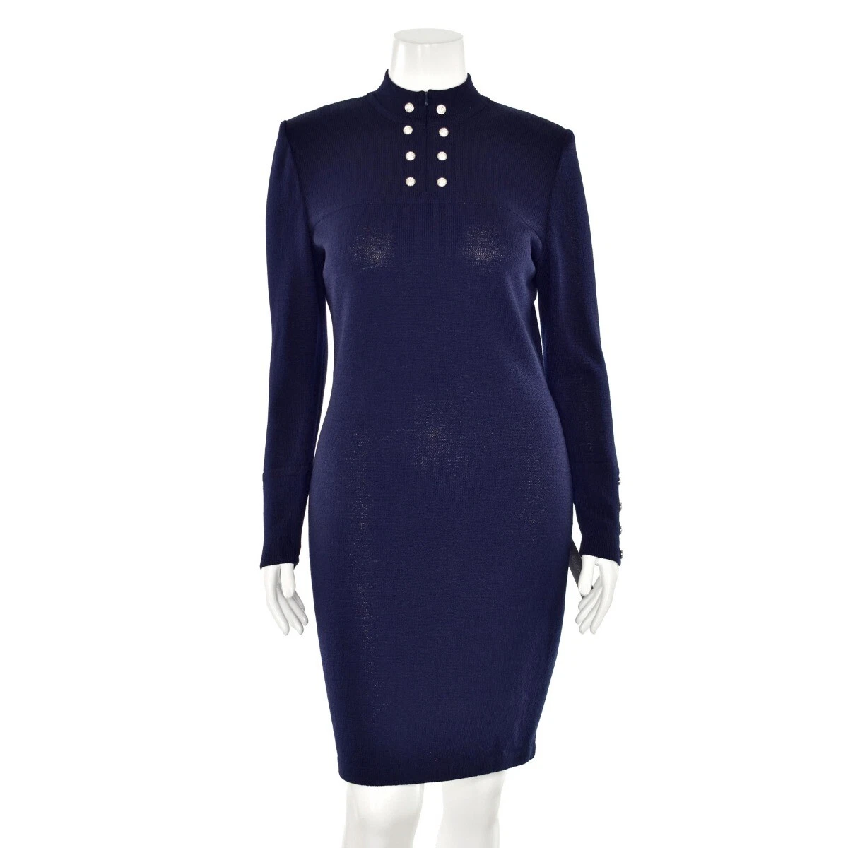 St. John Evening Crystal Stud Long Sleeve Santana Knit Dress in Navy Blue sz 10
