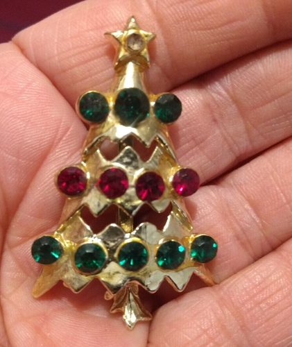 S.A. Red Green rhinestone Christmas tree brooch