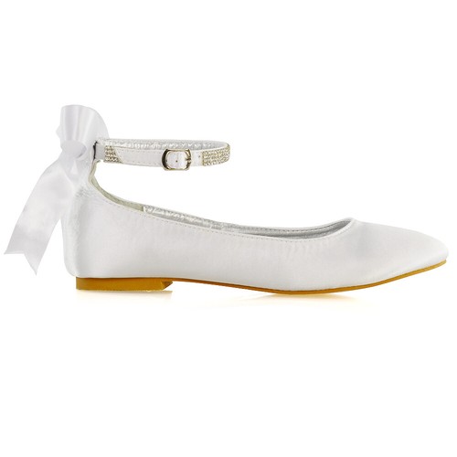Womens Flat Bridal Shoes Bow Diamante Ankle Strap Ladies Satin Ballet Pumps 3-9 - Picture 39 of 41