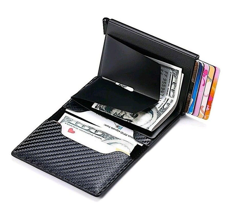 RFID Blocking LEATHER CARBON FIBER Mens Wallet Purse Slim ID Credit