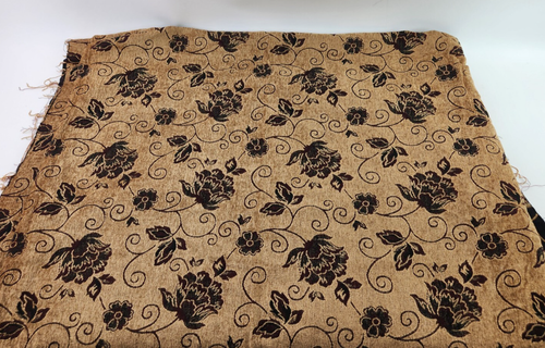 3+ yds Gold Chenille w/ Black & Maroon Flowers Reversible Upholstery Fabric 58"