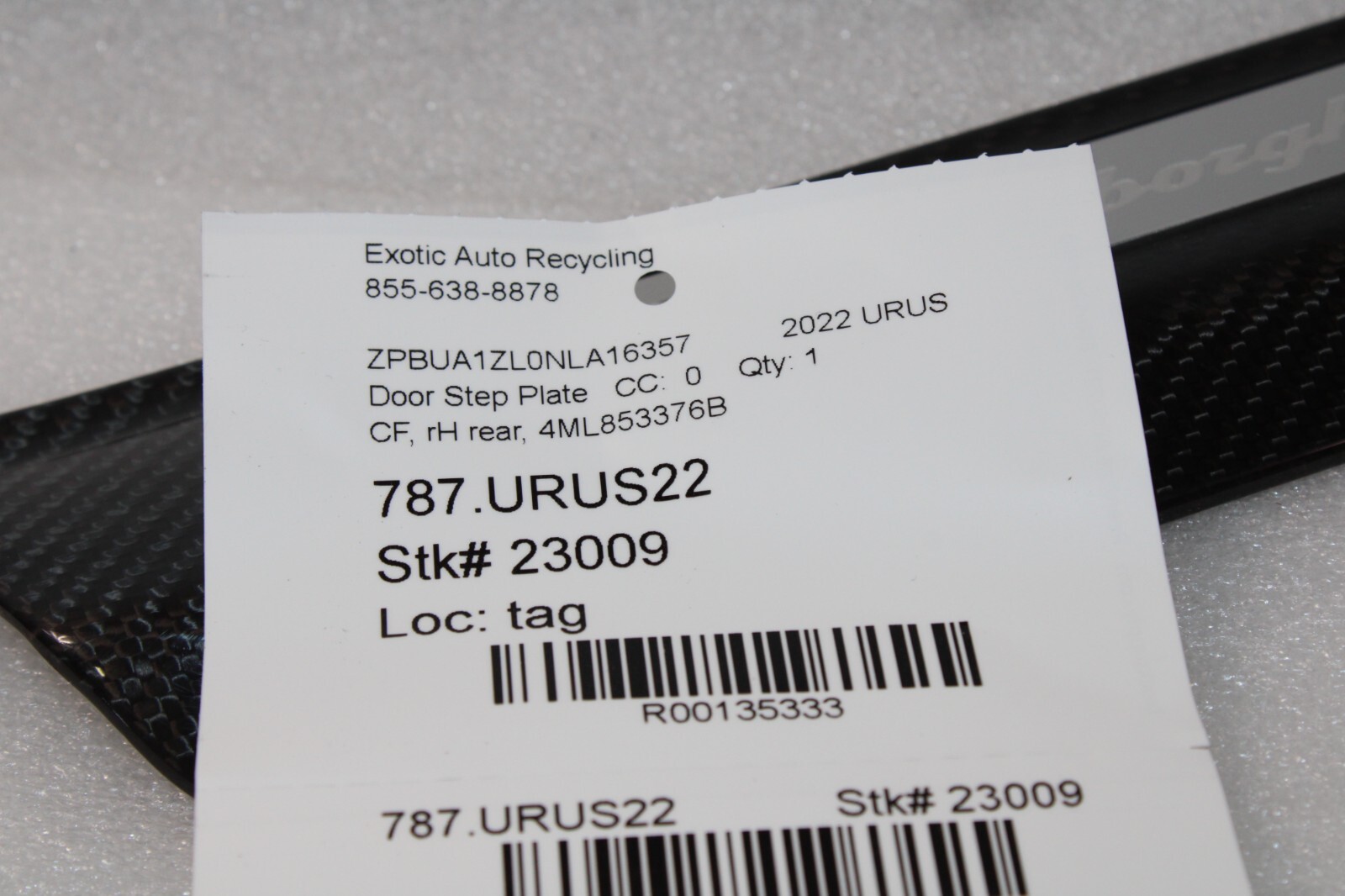 Lamborghini Urus, Carbon Fiber, RH, Rear Door Step Plate, Used, P/N 4ML853376B
