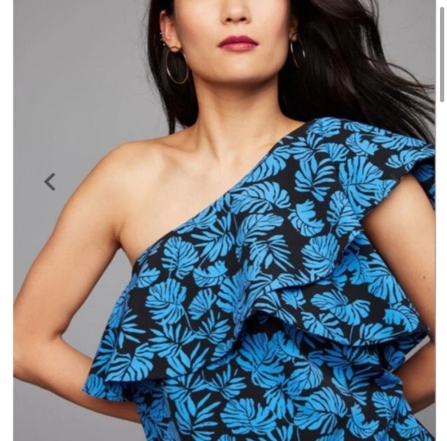 NEW A Pea in the Pod Maternity One Shoulder Palm Dress Black Floral Blue XS - Image 2 of 4