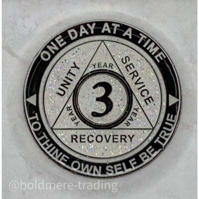 3 Year Alcoholics Anonymous Medallion White Silver Plated AA Sobriety ...