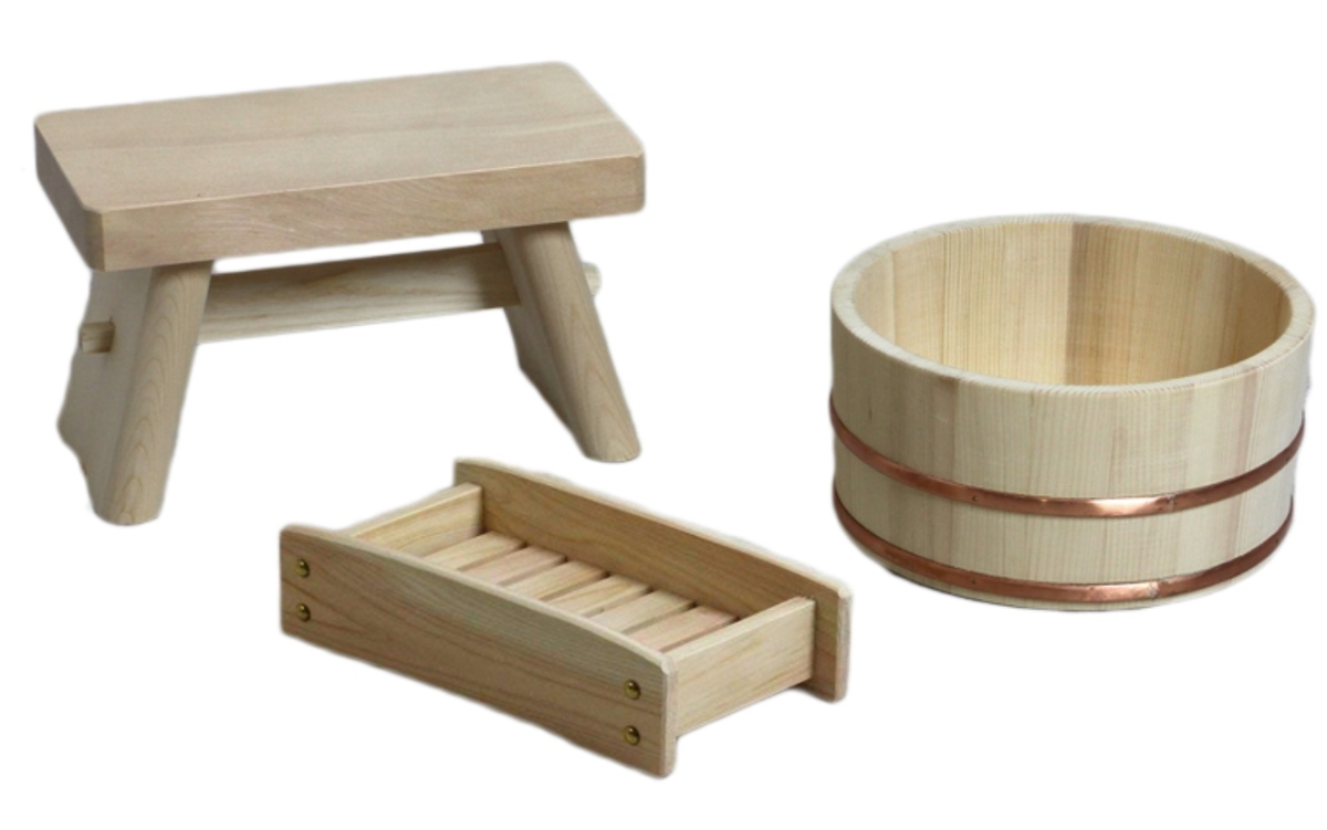 Japanese Oke wood Bath yuoke Chair Soup box 3pic SET Onsen Tools