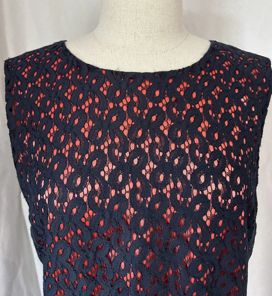 Tahari Petite Navy Overlay Orange Cotton Dress Sheath Sleeveless Womens 14P - Image 4 of 4