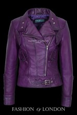 Essence Purple Ladies Biker Style Real Lambskin Designer Short Leather Jacket