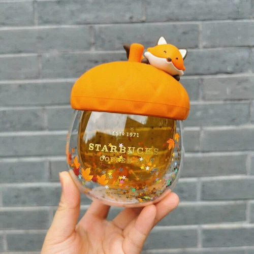 NEW Starbucks Cup W  Lid Autumn Acorn Cute Fox Double Wall Glass Coffee Mugs 8oz
