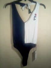 New Fila Bodysuit Top Jersey Backless Halter Blue White Women L