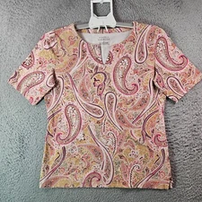 The Talbots Tee Top Women Medium Paisley Print Short Sleeve Purple Pink Tone