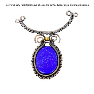 Oval Natural Lapis Lazuli No Stone Chain Sister New Wire Wrapped Necklace Copper