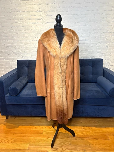 Vintage Charles Klein Leather Coat with Genuine Fox Fur Collar - Size L - product listing photo