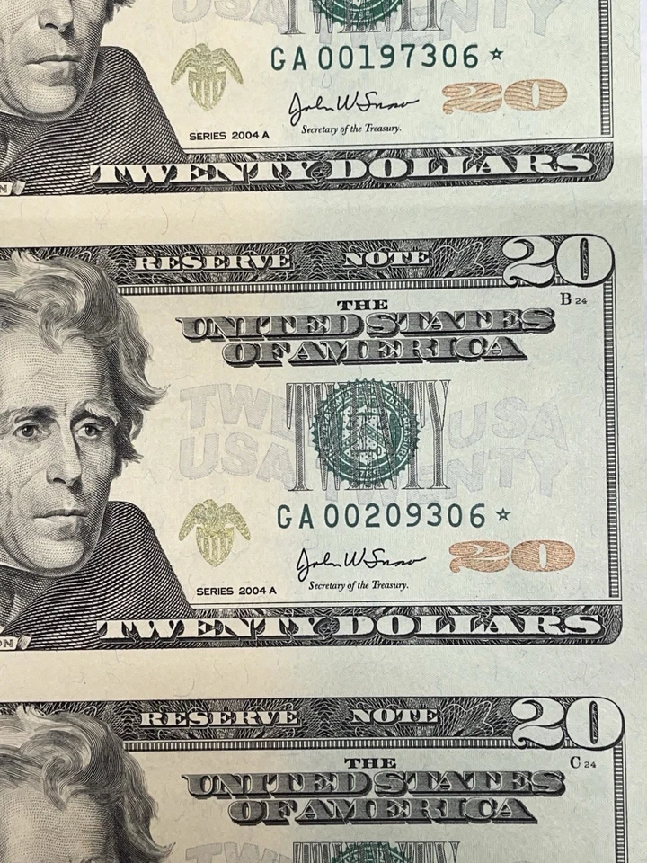 Uncut Sheet of Four (4) $20 Twenty Dollar Bills - 2004 A Star Notes Uncirculated - Image 4 of 4