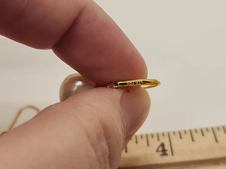 SPL142 11.5-12.5mm White Cultured FW Pearl 18k YG/Silver Dangle Earrings NIB - Image 3 of 4