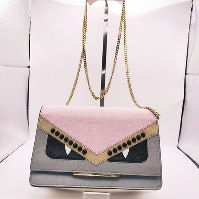 FENDI Bugs Monster Chain Shoulder Wallet Crossbody Bag Pink Gray