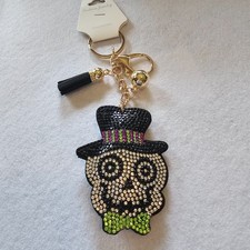 Spooky Skull Large Rhinestone Covered Puffy Keychain Or Bag Charm W Tassel New