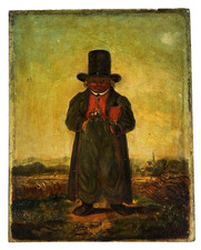 Superb Antique Folk Art Oil on Oak Panel Painting of a Rural Preacher- Signed HW