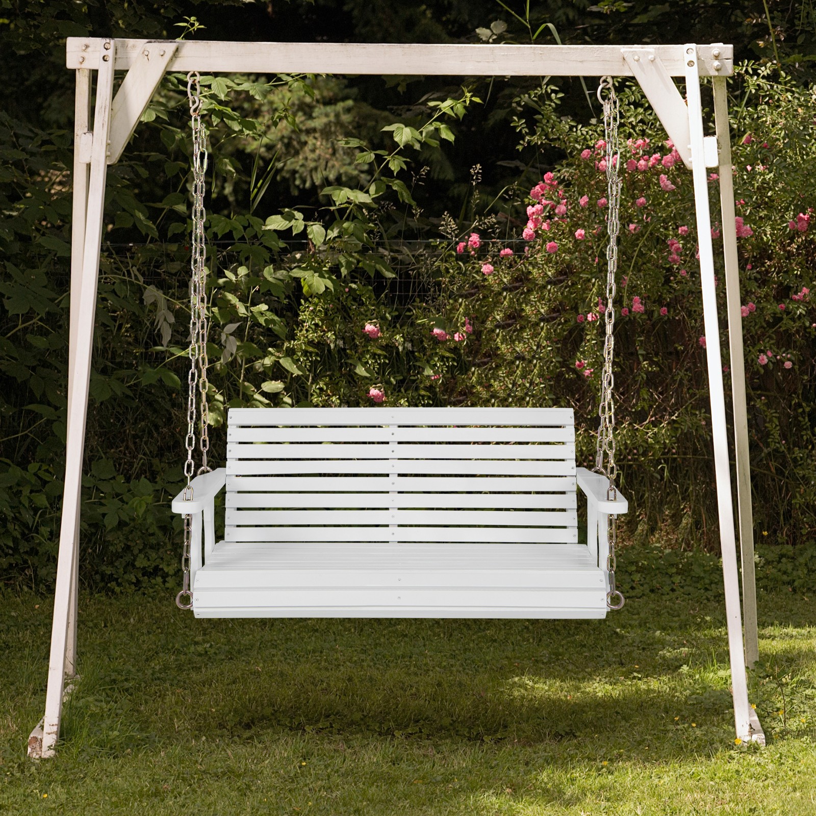 Porch Swing Wood Outdoor Patio Hanging Bench Chair for Garden Backyard White