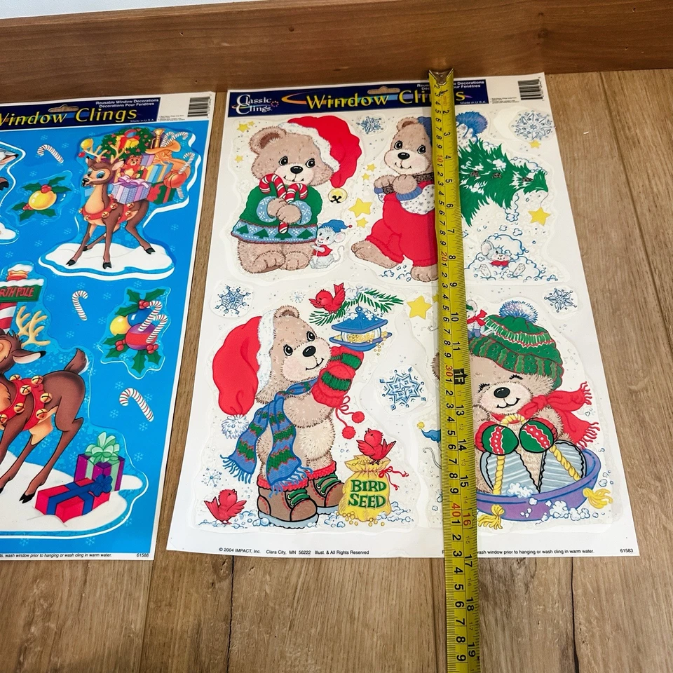 VTG 2000’s (2) Christmas Window Clings Decals Santa Reindeer Teddy Bears - Image 4 of 4