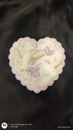 Fenton Hand Painted Heart-Shaped Glass Trinket Box Birds Floral Decorative Lid