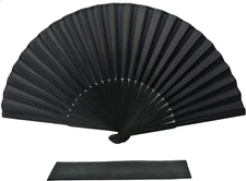Black Silk Fabric Folding Hand Held Fan with a Pouch Bamboo Ribs Chinese Vintage
