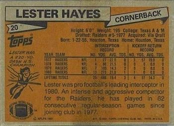 Lester Hayes 1981 Topps Football - #20 - Oakland Raiders - Image 2 of 2