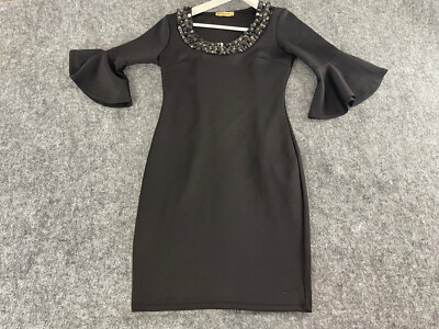 Espenica Sheath Dress Womens Small Black Beaded Bell Short Sleeve Mini N93