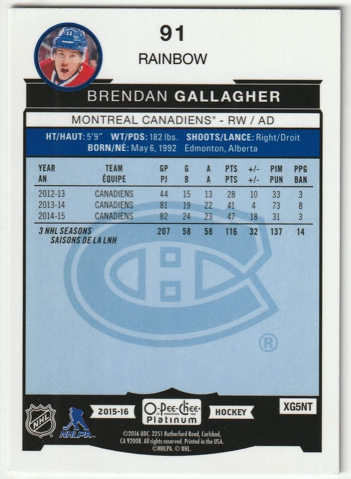 2015-16 O-Pee-Chee (Platinum) "Rainbow SP" Parallel # 91 Brendan Gallagher! - Image 2 of 2