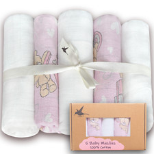 Baby Muslin Squares Pack of 5 - Large Size 70cmx80cm 100% Cotton - Pink / Blue