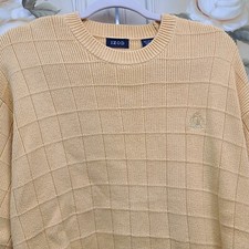 Vintage IZOD XL Yellow Knit 100 Cotton Pullover Windowpane Embroidered Sweater