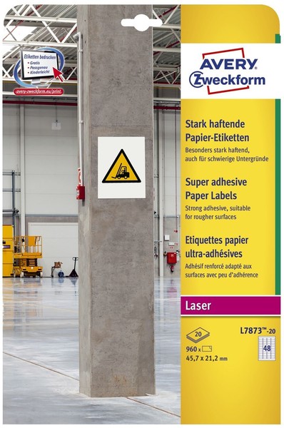 Avery Zweckform® L7873-20 L7873-20 Papier-Etiketten - A4, 960 StüCk, 45,7 X 21,2-image