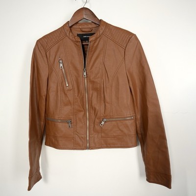 Vera Moda Women s S. Dark Tan Short Coated Faux Leather Moto Jacket
