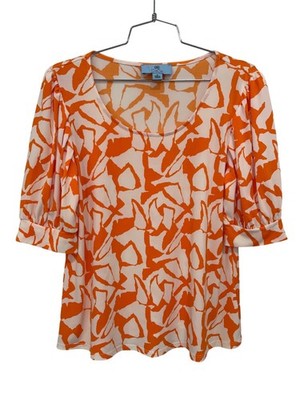 Cece Top Size Medium Printed Elbow Sleeve Scoop Neck Abstract Orange Cream Poly