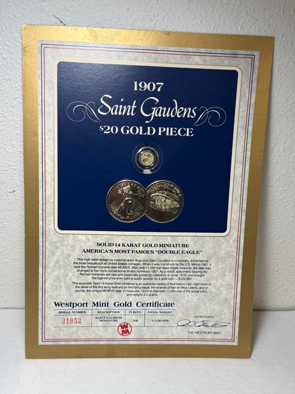 1907 SAINT GAUDENS $20 GOLD PIECE SOLID 14KT GOLD MINATURE COIN 3.2 GRAINS