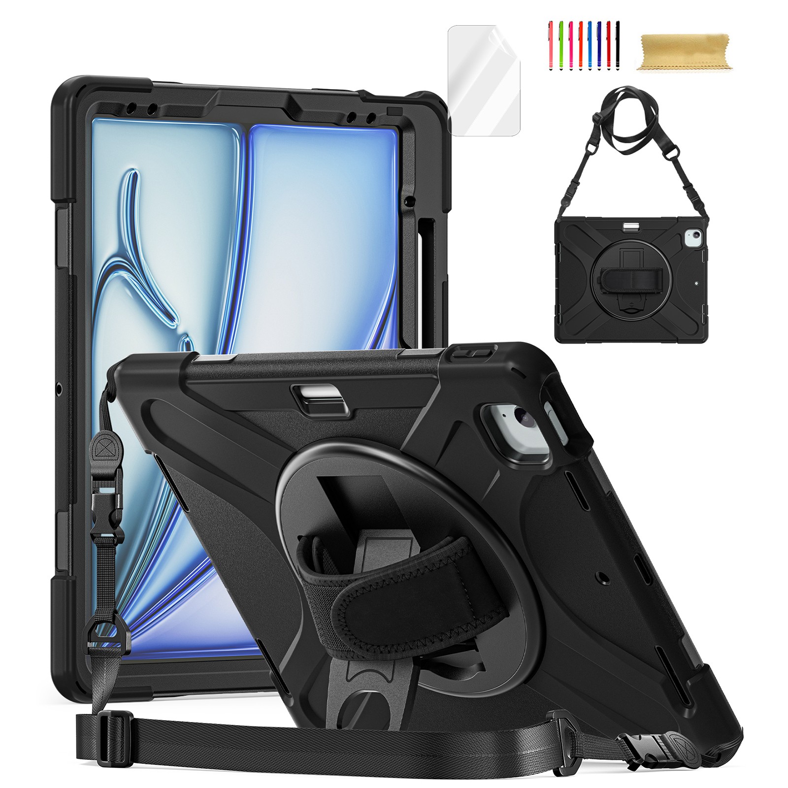 For Apple iPad Air 13 (2024)/Pro 11 2025 Rugged Case w Hand Strap and Soft Film